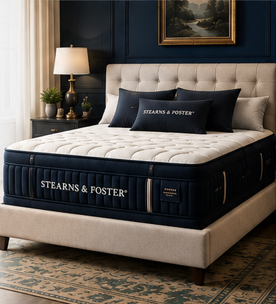 Luxury Stearns & Foster mattress in an elegant navy Scottsdale bedroom